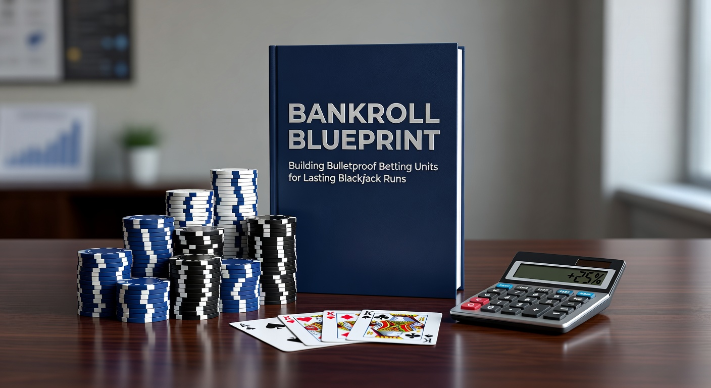 A stack of poker chips arranged in precise units beside a blackjack table, symbolizing structured bankroll management