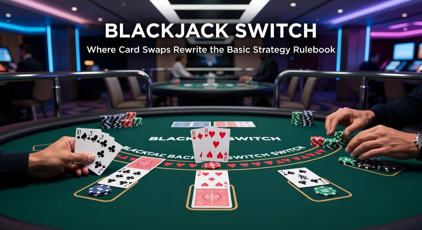 Blackjack Switch table layout showing two hands and switch option, with dealer peeking at blackjack