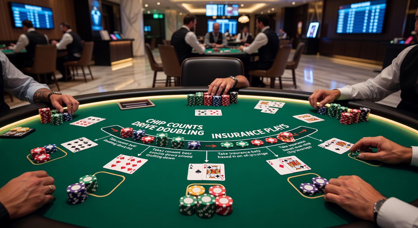 Intense blackjack tournament action with players focused on chip stacks and dealer cards
