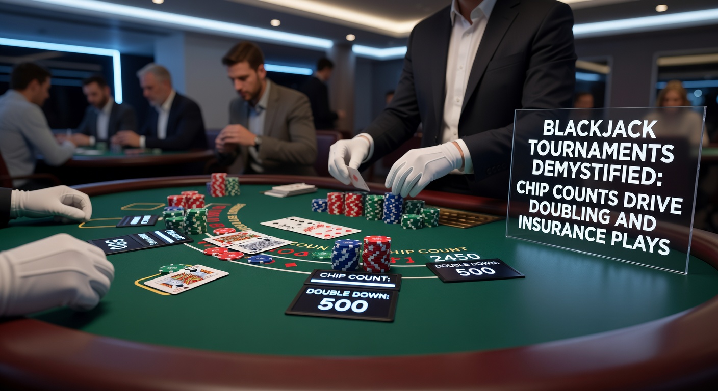 Close-up of towering chip stacks during a high-tension blackjack tournament round