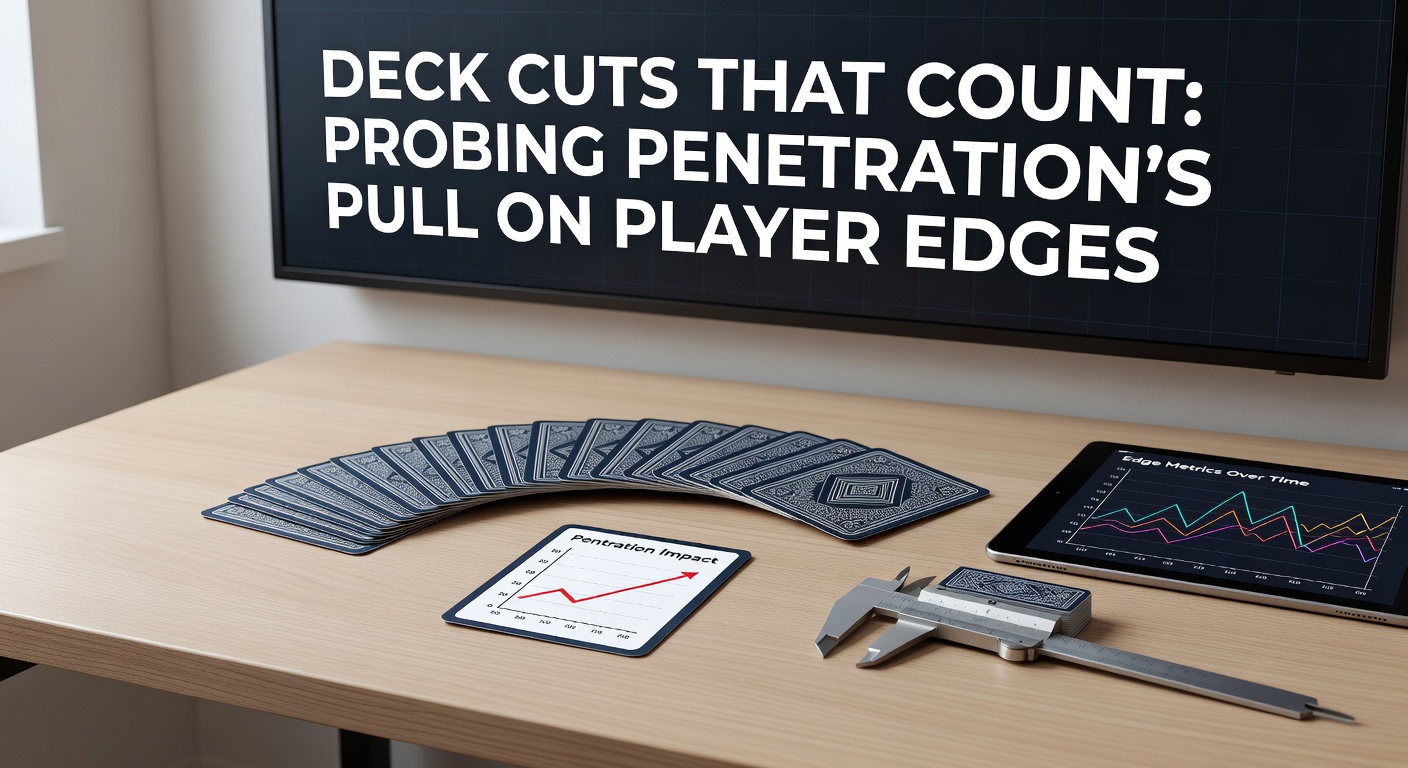 Close-up of a blackjack dealer cutting into a multi-deck shoe, showing varying depths of penetration before reshuffle