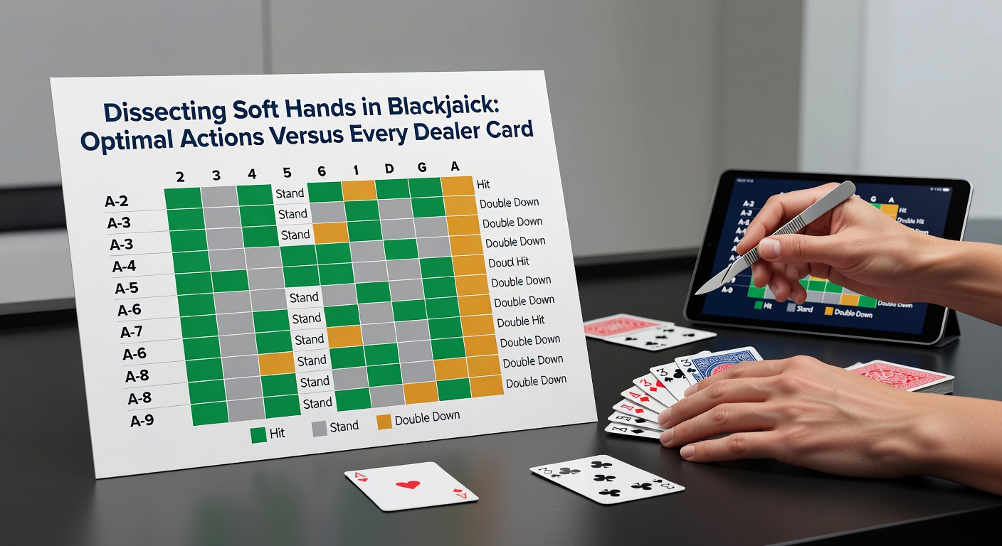 Blackjack player pondering a soft hand decision at the table with dealer showing a 6 upcard