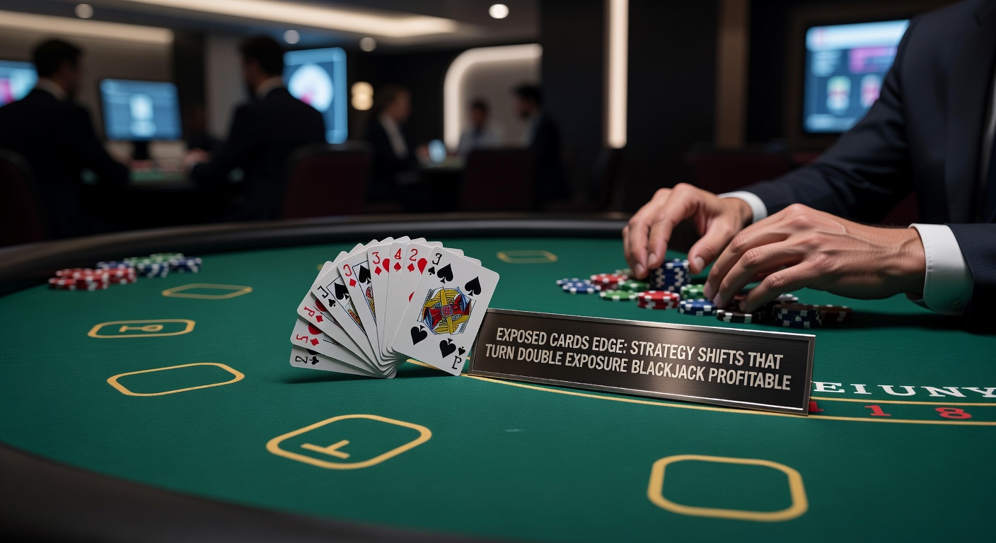 Digital illustration of a blackjack table showing both dealer cards face up, highlighting the unique Double Exposure layout with chips and cards in play