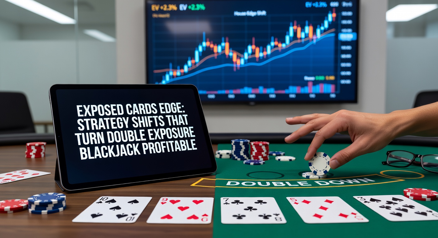 Close-up chart of Double Exposure strategy matrix displaying player hands versus full dealer totals, color-coded for hit, stand, double, and split decisions