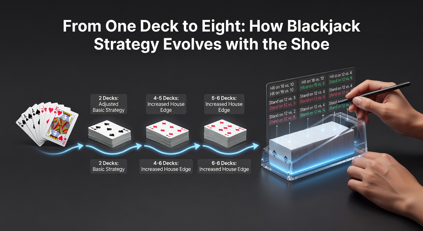 Blackjack dealer dealing from a multi-deck shoe at a casino table, highlighting the evolution from single to eight decks