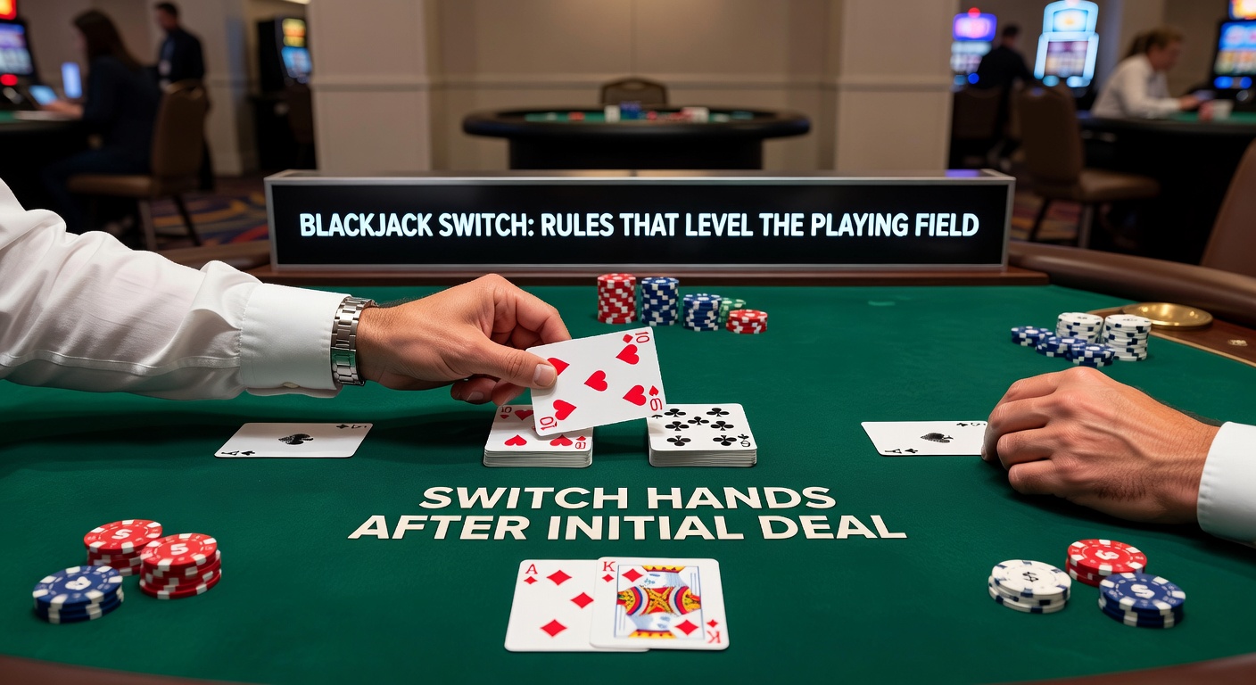 Illustration of two blackjack hands with swapped top cards in Blackjack Switch, showing the unique swapping feature on a casino table