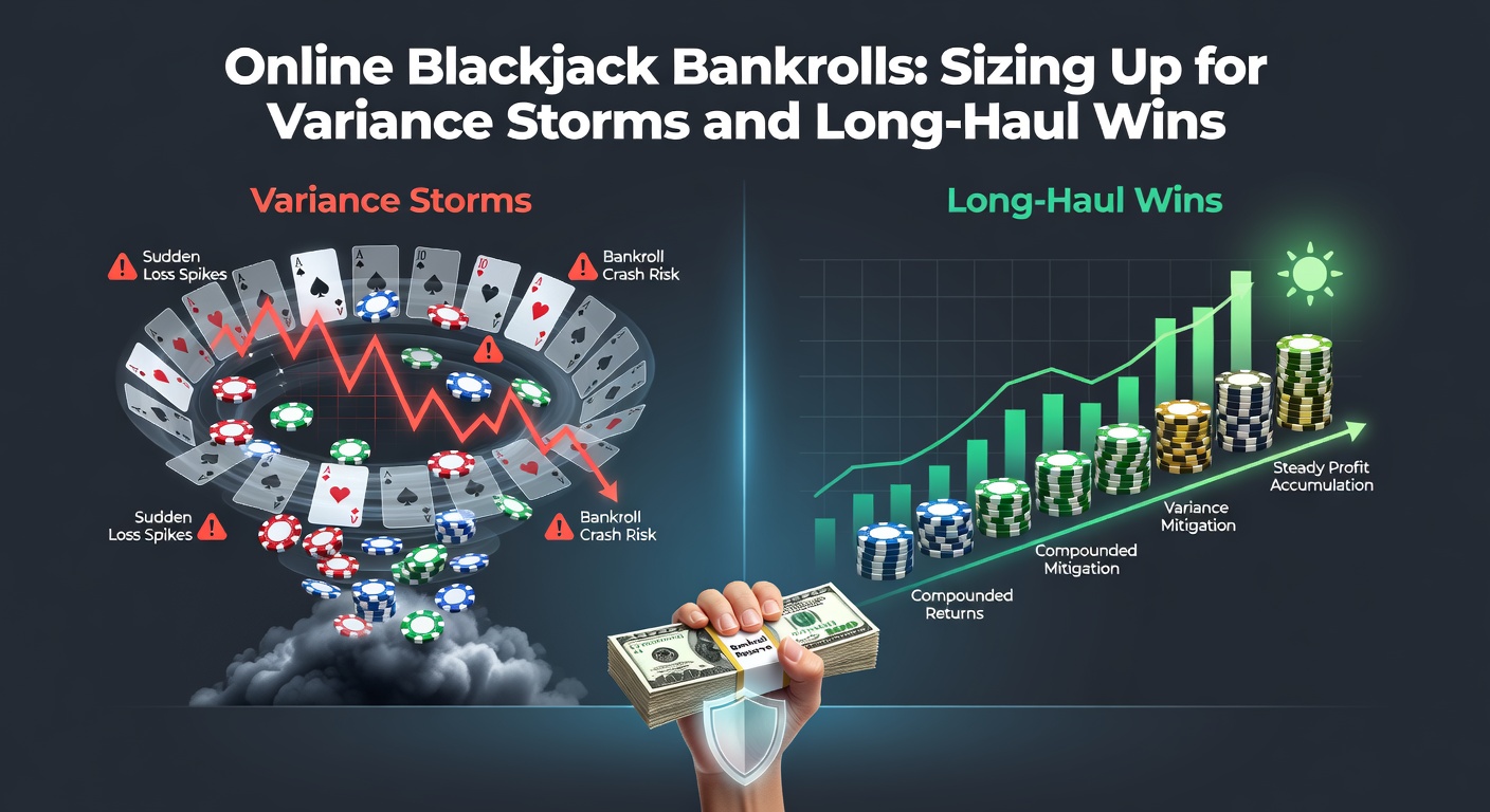 Illustration of a sturdy bankroll fortress enduring a storm of blackjack variance waves, with charts overlaying growth curves
