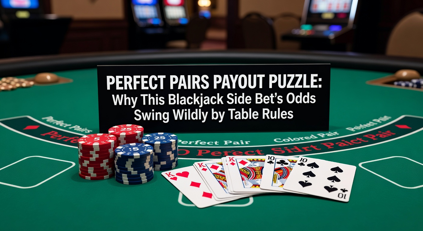 Blackjack table featuring Perfect Pairs side bet circle with colorful chips stacked nearby, highlighting the betting area amid a lively casino scene
