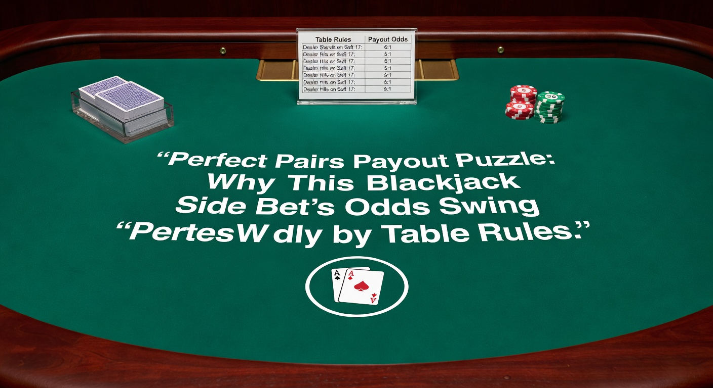 Close-up chart comparing Perfect Pairs payout tables across casinos, with columns for mixed, colored, and perfect pairs showing ratios like 6-12-25 versus 11-15-50