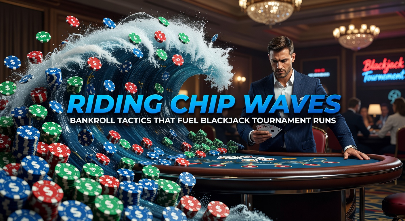 Players at a blackjack tournament table, chips stacked high as they strategize bets during a high-stakes round