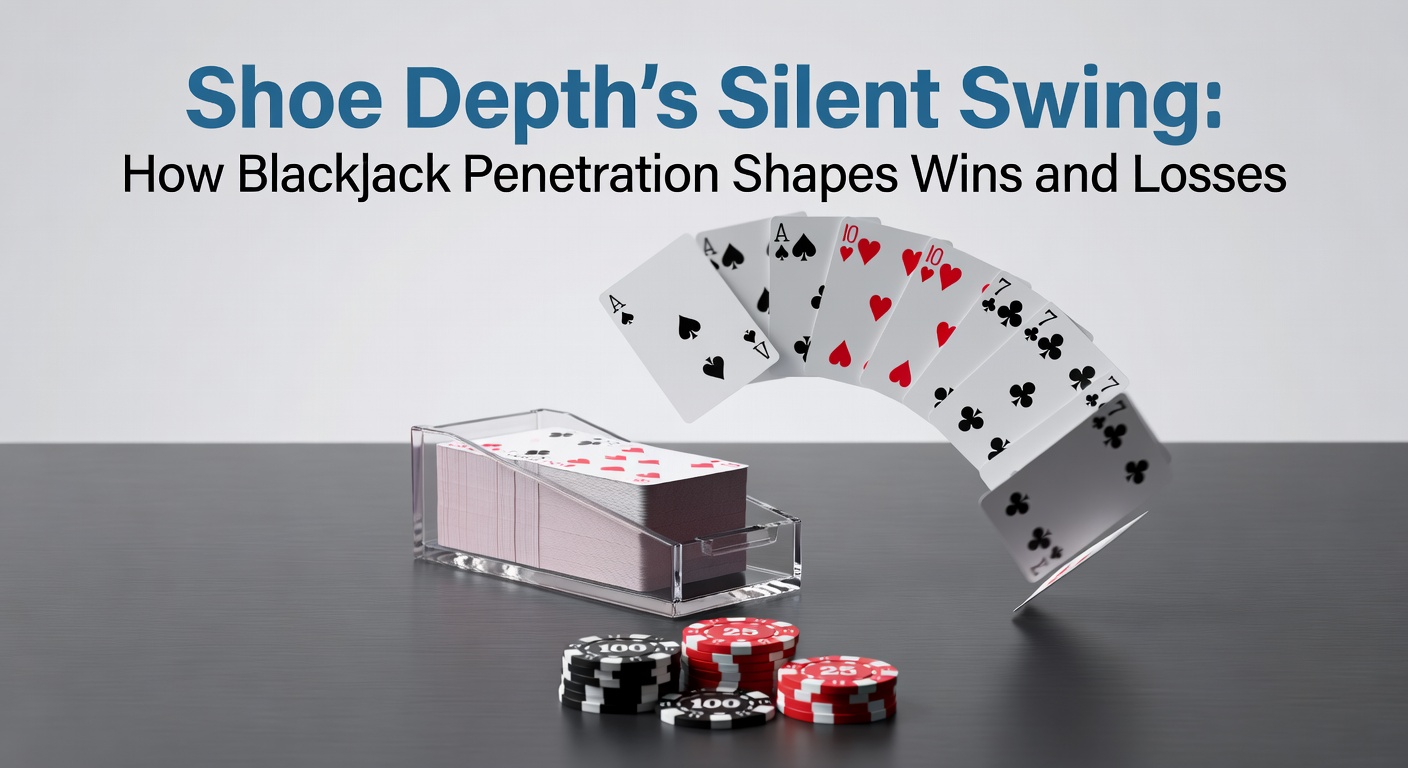 Close-up of a blackjack shoe mid-deal, revealing partial deck exposure as cards slide out