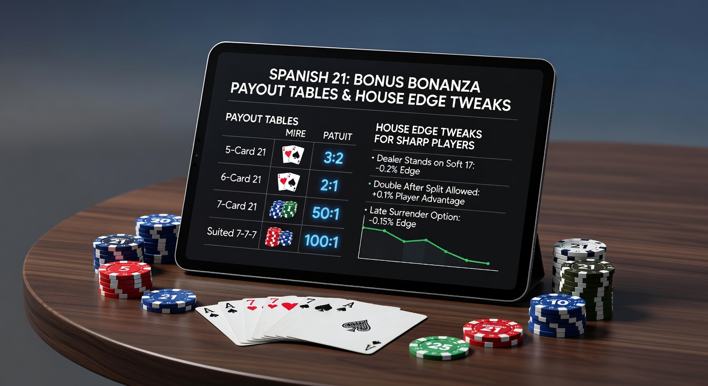 Colorful Spanish 21 table layout highlighting bonus hand icons and payout multipliers, with chips stacked near player-friendly rule markers
