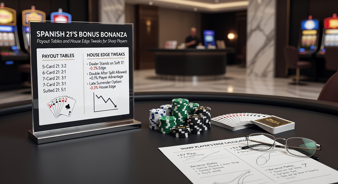 Close-up of Spanish 21 bonus payout plaque on a casino table, showing multipliers for 21-card hands and suited combinations amid scattered chips and cards