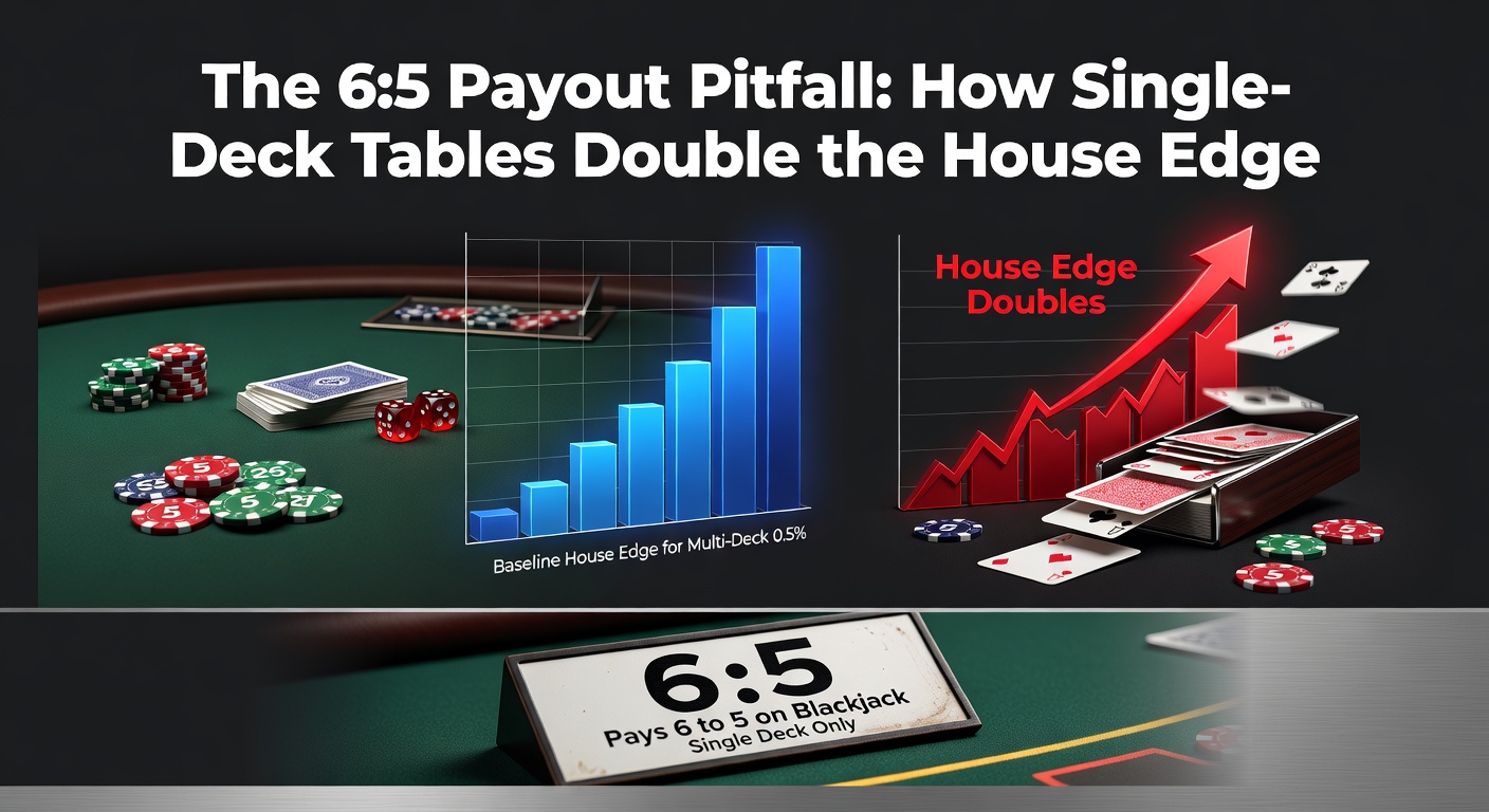 Close-up of a single-deck blackjack table showing a 6:5 payout sign amid chips and cards