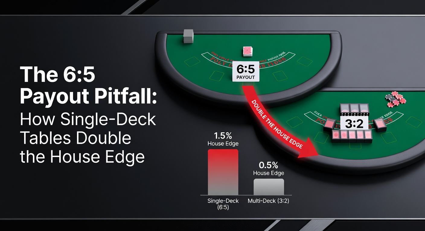 Infographic comparing 3:2 vs 6:5 payouts with house edge charts and single-deck card illustrations