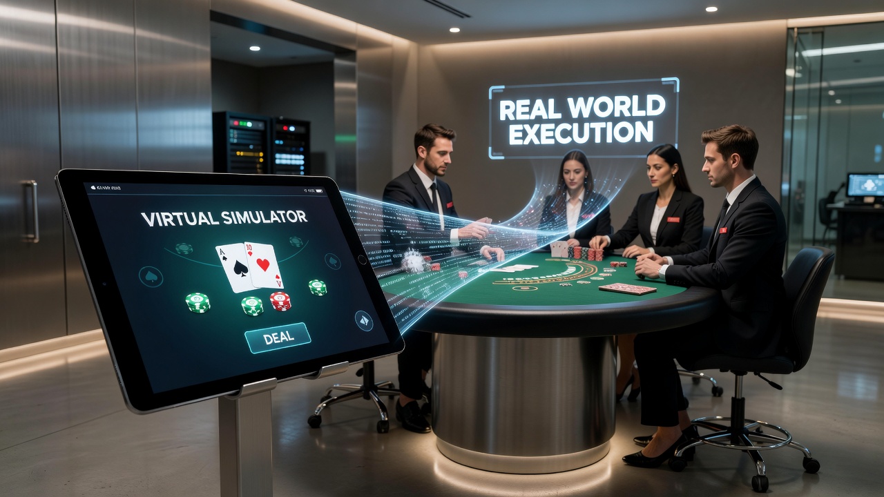 Blackjack player using virtual simulator transitioning to live casino table with dealer and chips visible