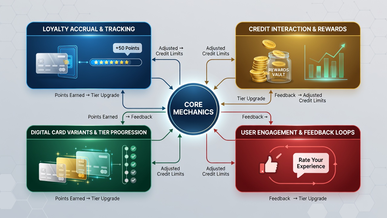 Flowchart illustrating loyalty credit pathways connecting to card acquisition and match rewards