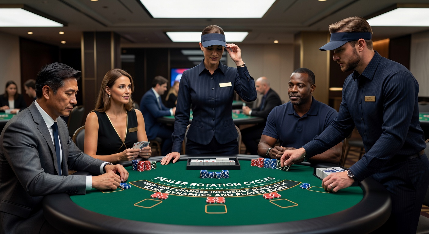 Casino floor view showing multiple blackjack tables with dealer changes underway