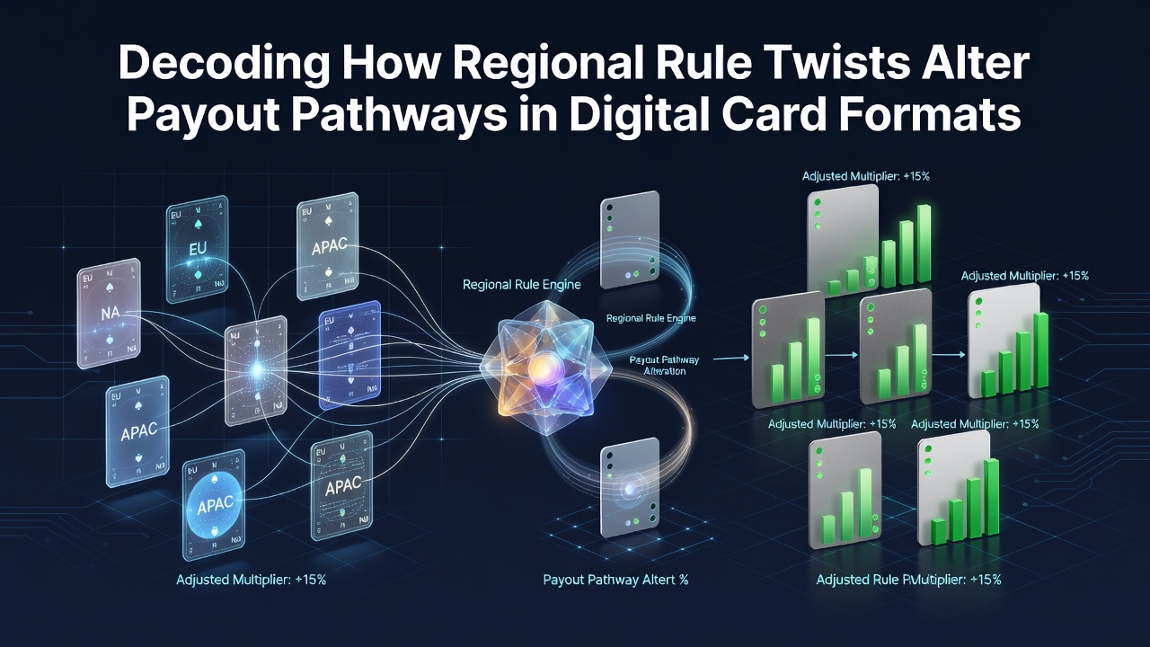 Digital card game interface showing regional payout variations across multiple screens