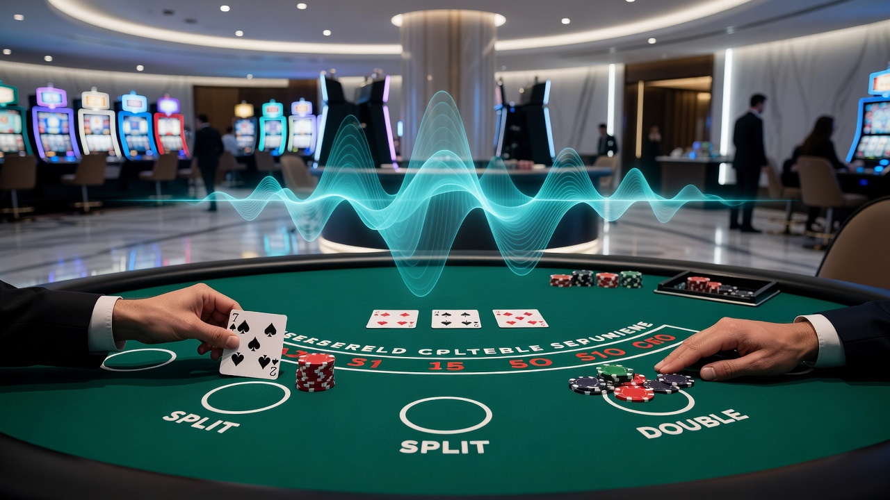 Blackjack table with ambient casino lighting and background activity showing players engaged in a session