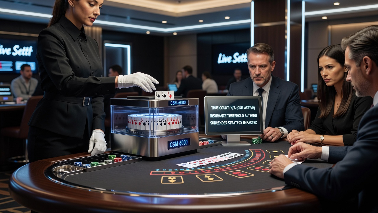 Close-up view of continuous shuffle machine mechanics and card insertion during live blackjack