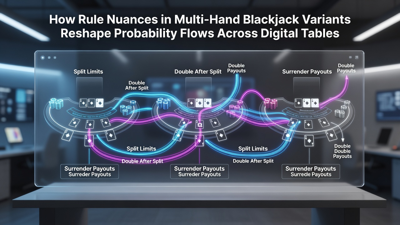 Digital multi-hand blackjack table interface showing multiple active hands and card distribution