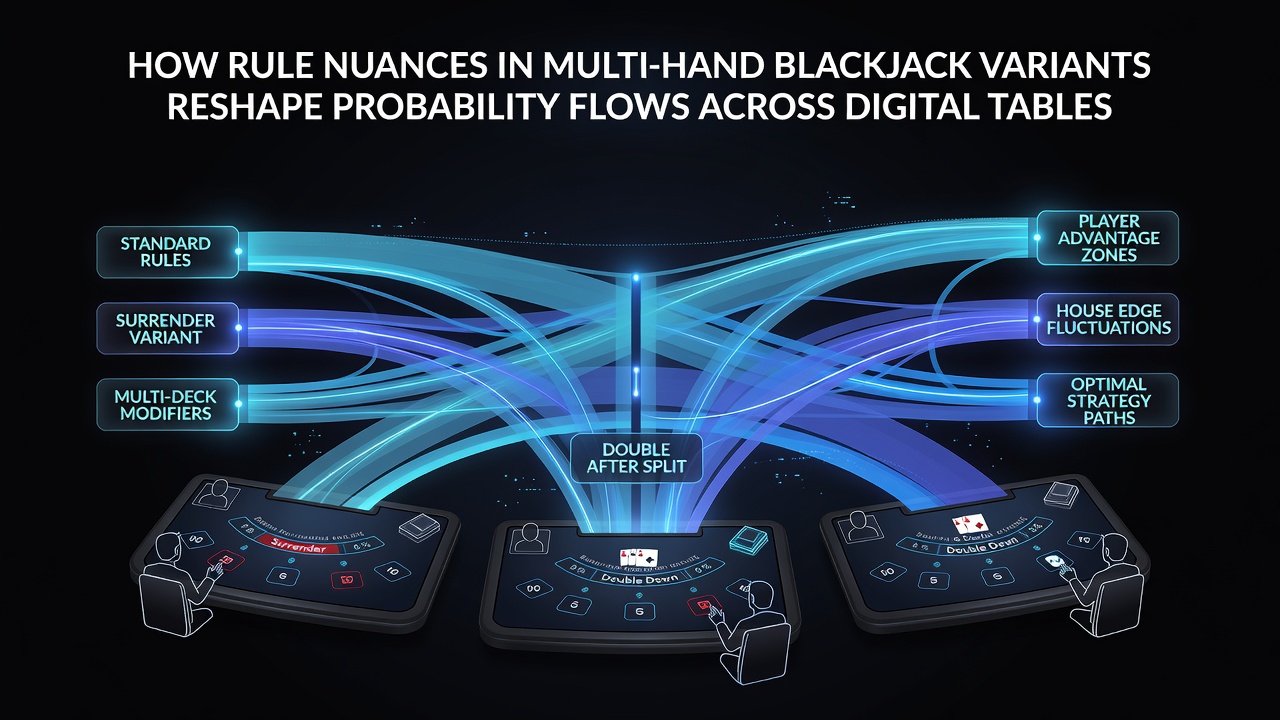 Probability flow diagram illustrating card removal impact across three simultaneous blackjack hands