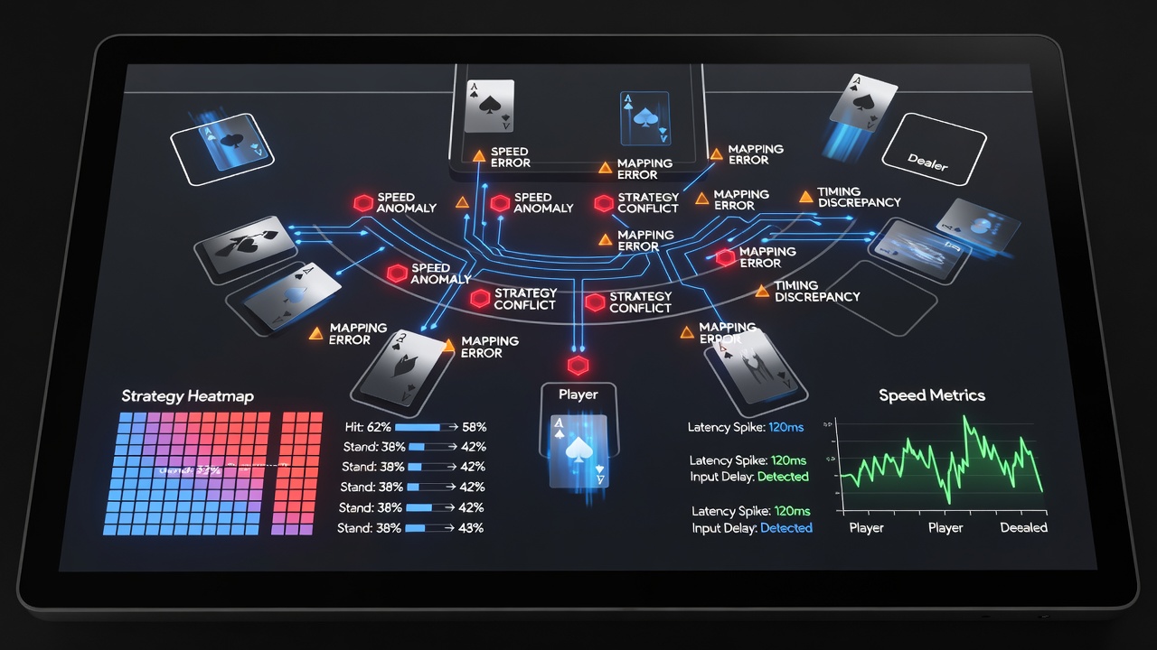 Heatmap visualization of common player errors overlaid on a digital blackjack strategy chart