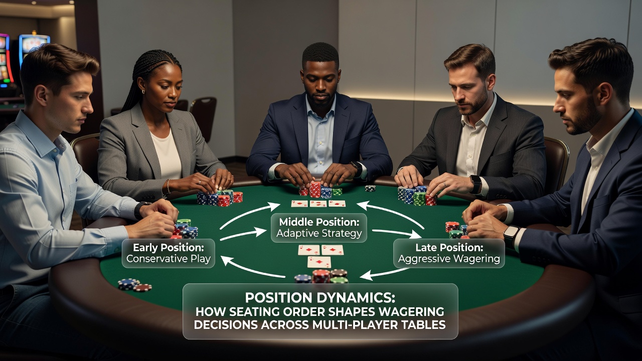 Illustration of late position player observing multiple hands before finalizing wager adjustments at a crowded blackjack table