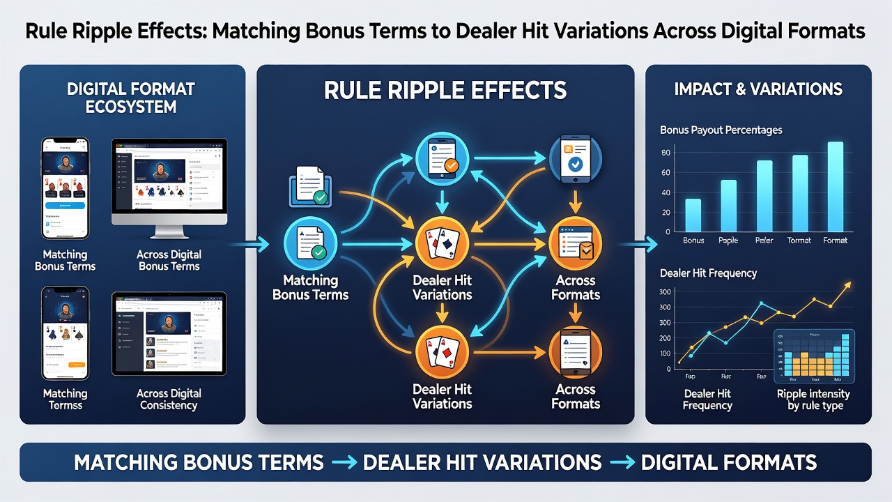 Split view of mobile and desktop blackjack interfaces displaying rule indicators and bonus terms