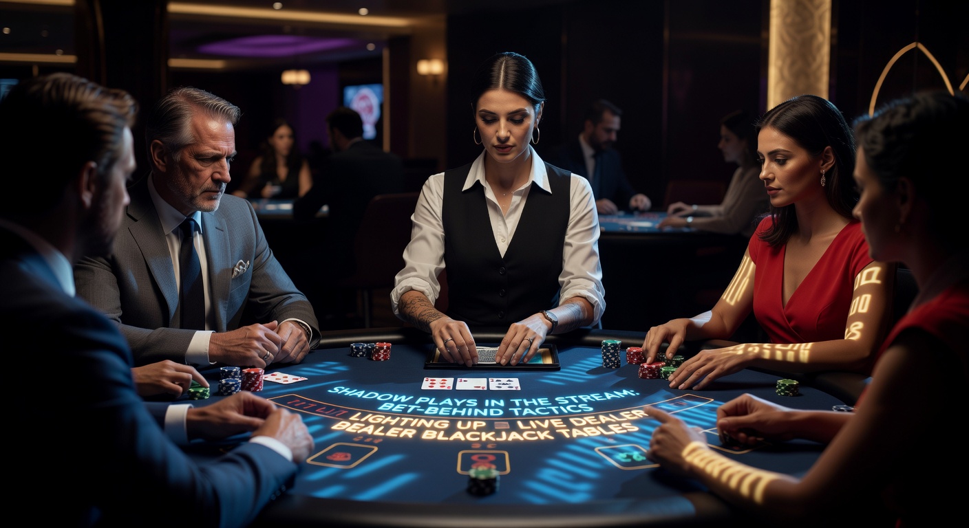 Live dealer blackjack stream showing multiple players and bet-behind options glowing on screen