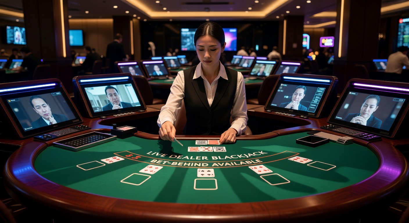 Close-up of bet-behind interface on a live blackjack stream with player stats and wager options