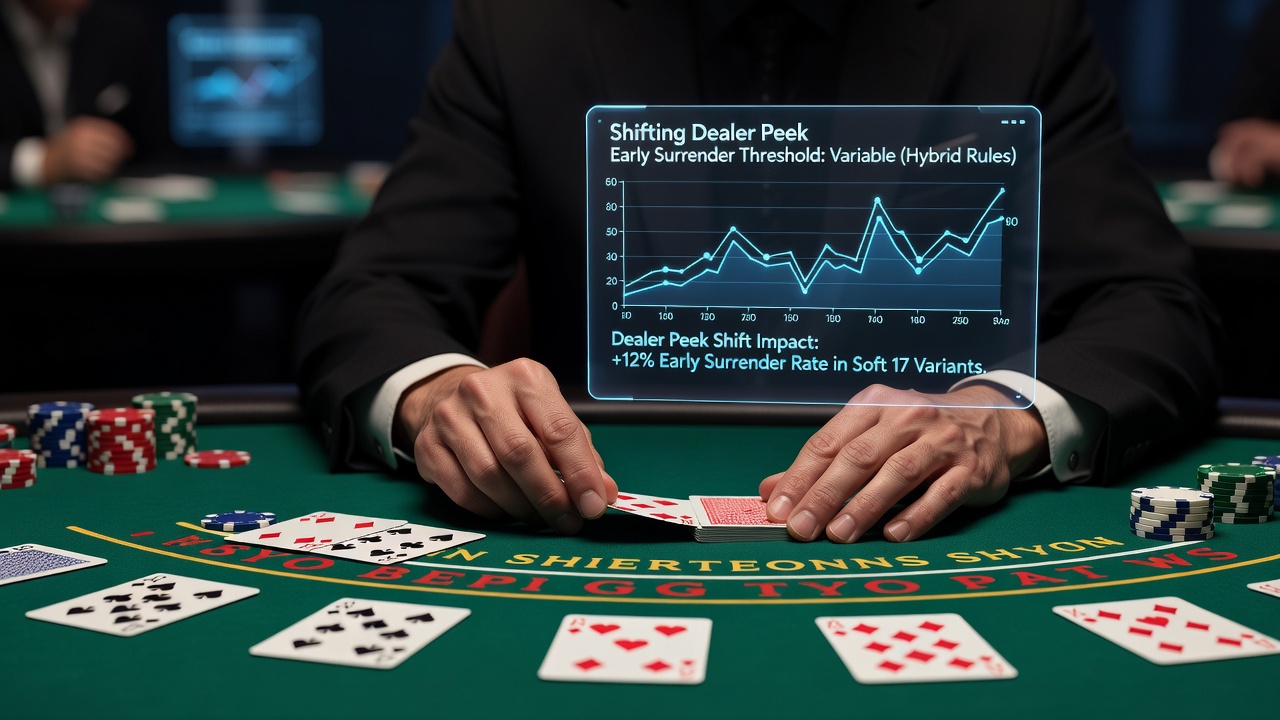 Blackjack table setup showing dealer peek procedure in action during a multi-deck game
