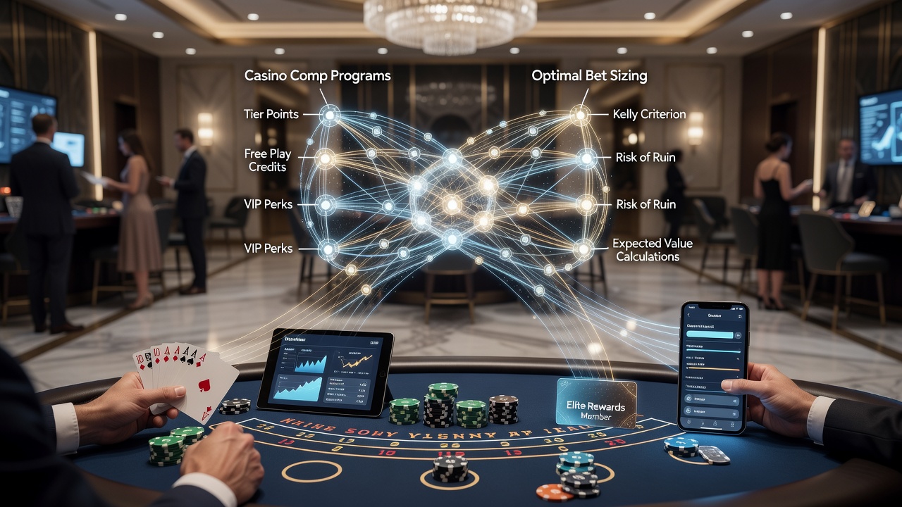 Blackjack table layout showing bet circles, chip stacks, and comp tracking displays