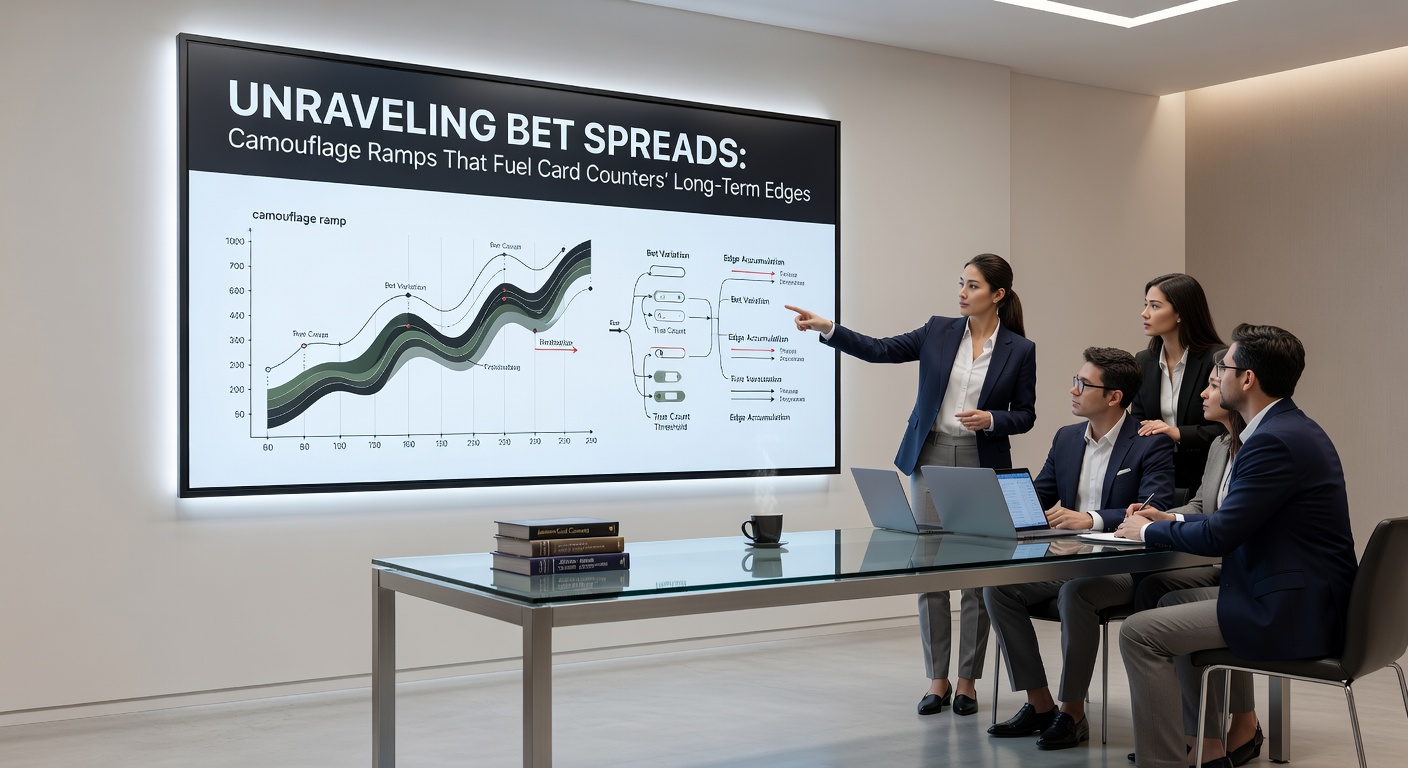 Illustration of a blackjack table with chips arranged in a camouflage bet spread pattern, highlighting incremental increases