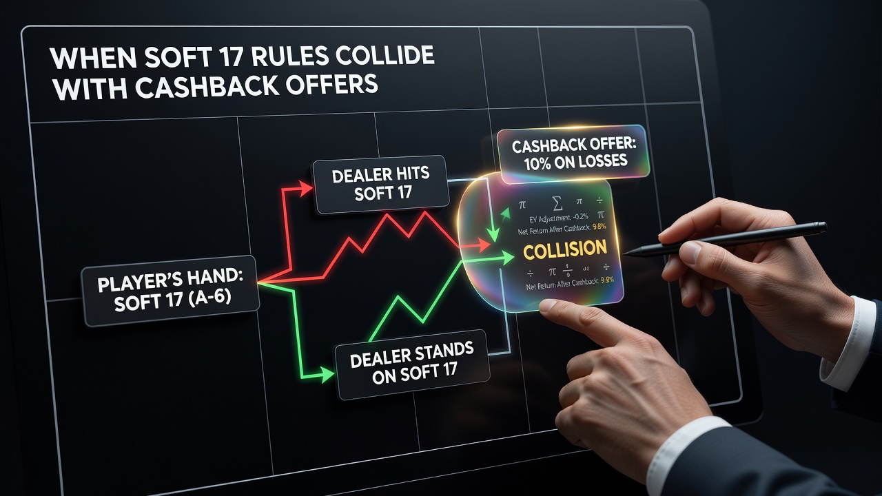 Blackjack table with dealer hand showing soft 17 and cashback promotion overlay