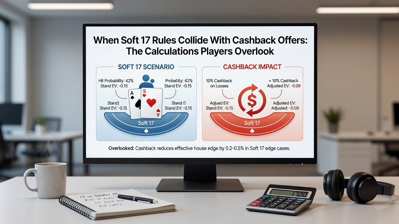 Close-up of blackjack chips and calculator showing EV adjustments for cashback and rules